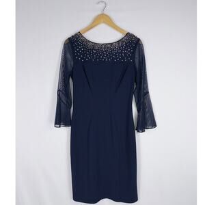 Alex Evenings Embellished Illusion Mesh Sheath Dress Women's 6 Navy Crepe